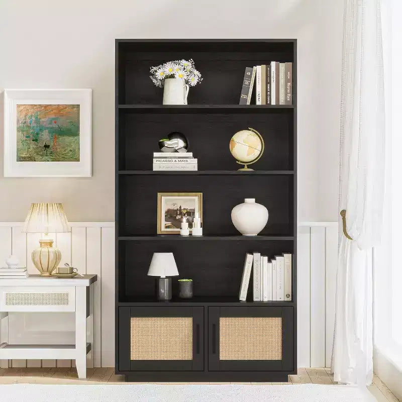 Étagère bohème à 5 niveaux Acekool avec portes en rotin, bibliothèque haute en bois avec rangement, porte-livres pour salon, chambre, bureau, cuisine