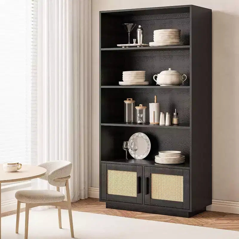 Étagère bohème à 5 niveaux Acekool avec portes en rotin, bibliothèque haute en bois avec rangement, porte-livres pour salon, chambre, bureau, cuisine
