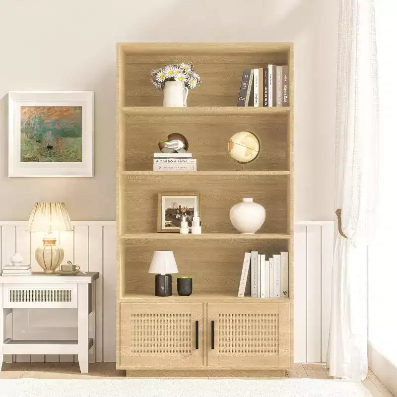 Étagère bohème à 5 niveaux Acekool avec portes en rotin, bibliothèque haute en bois avec rangement, porte-livres pour salon, chambre, bureau, cuisine