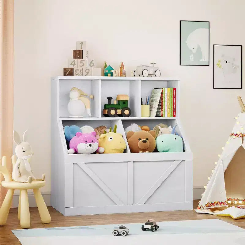 Étagère à livres et meuble de rangement pour jouets Acekool pour enfants, armoire de rangement avec 3 étagères, 2 boîtes de rangement, pour salle de jeux, chambre d'enfant, crèche, blanc vintage