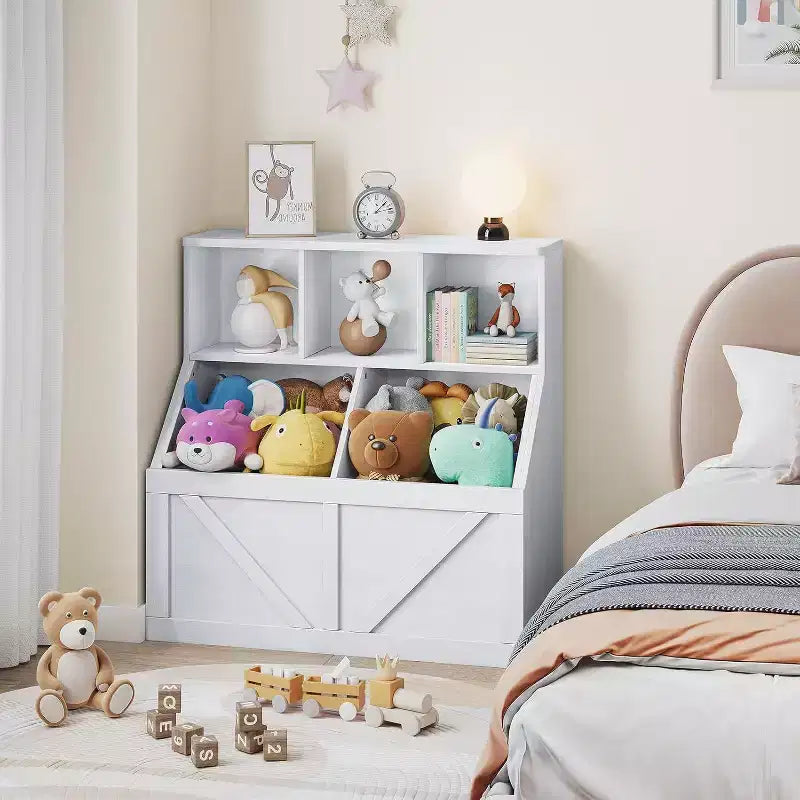 Étagère à livres et meuble de rangement pour jouets Acekool pour enfants, armoire de rangement avec 3 étagères, 2 boîtes de rangement, pour salle de jeux, chambre d'enfant, crèche, blanc vintage