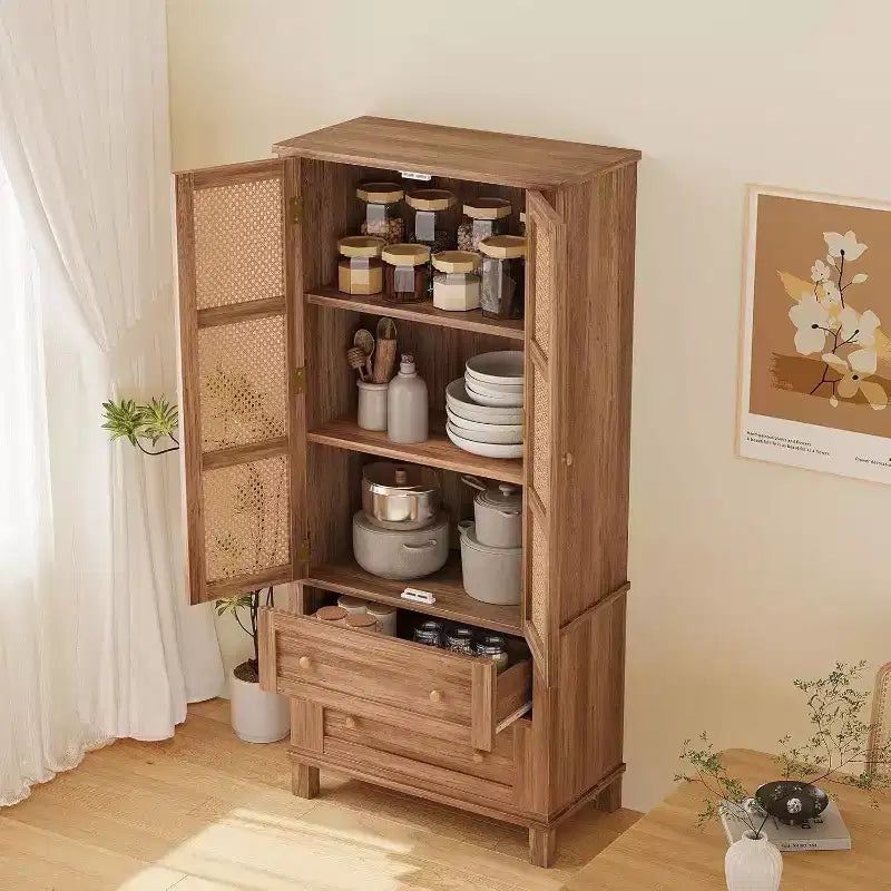 Grand meuble de rangement de cuisine avec portes en rotin et 2 tiroirs, étagères réglables, armoire utilitaire, solution de rangement élégante pour la cuisine