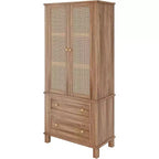 Grand meuble de rangement de cuisine avec portes en rotin et 2 tiroirs, étagères réglables, armoire utilitaire, solution de rangement élégante pour la cuisine