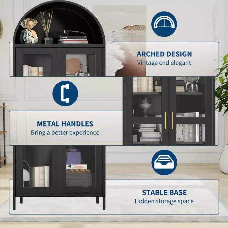 Meuble de rangement en métal arqué de 73", armoire de cuisine avec portes vitrées, vitrine autoportante avec 2 étagères réglables