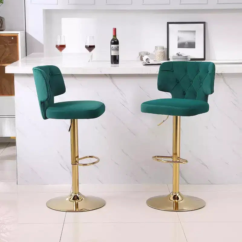 2 tabourets de bar modernes à hauteur de comptoir avec dossier, rembourrés, pivotants et réglables pour îlot de cuisine et restaurant, couleur émeraude.