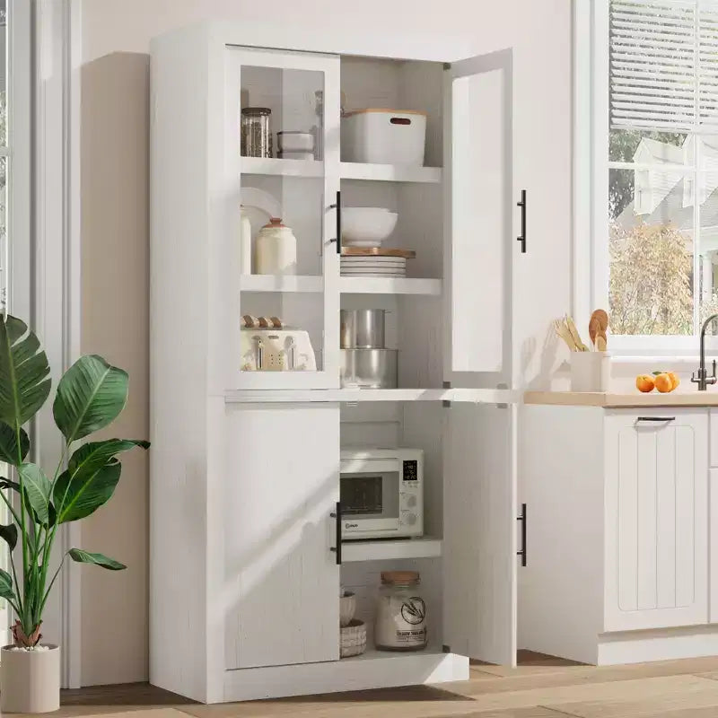 Grand garde-manger de cuisine en bois, armoire de rangement alimentaire autonome de style ferme avec 4 portes magnétiques, étagères réglables, grand rangement