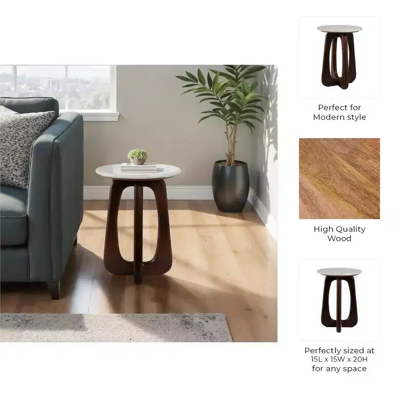 Table d'appoint moderne en bois, marbre et fer, avec base sculpturale ajourée et design géométrique contemporain pour un style raffiné dans les intérieurs.