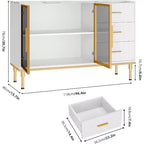 Buffet de salle à manger 46,4 po avec plateau en faux marbre, grand rangement pour la cuisine, doté de 2 portes vitrées, 3 tiroirs, étagères réglables