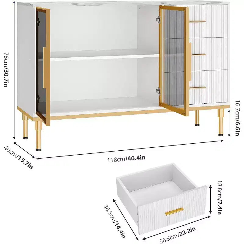 Buffet de salle à manger 46,4 po avec plateau en faux marbre, grand rangement pour la cuisine, doté de 2 portes vitrées, 3 tiroirs, étagères réglables
