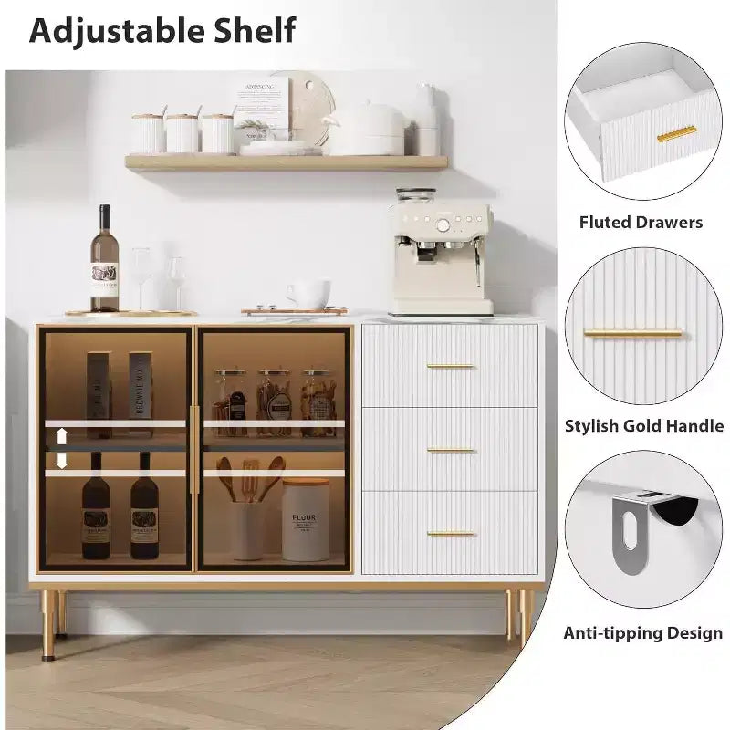 Buffet de salle à manger 46,4 po avec plateau en faux marbre, grand rangement pour la cuisine, doté de 2 portes vitrées, 3 tiroirs, étagères réglables