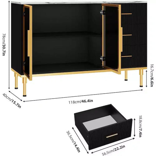 Buffet de salle à manger 46,4 po avec plateau en faux marbre, grand rangement pour la cuisine, doté de 2 portes vitrées, 3 tiroirs, étagères réglables