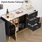 Buffet de salle à manger 46,4 po avec plateau en faux marbre, grand rangement pour la cuisine, doté de 2 portes vitrées, 3 tiroirs, étagères réglables