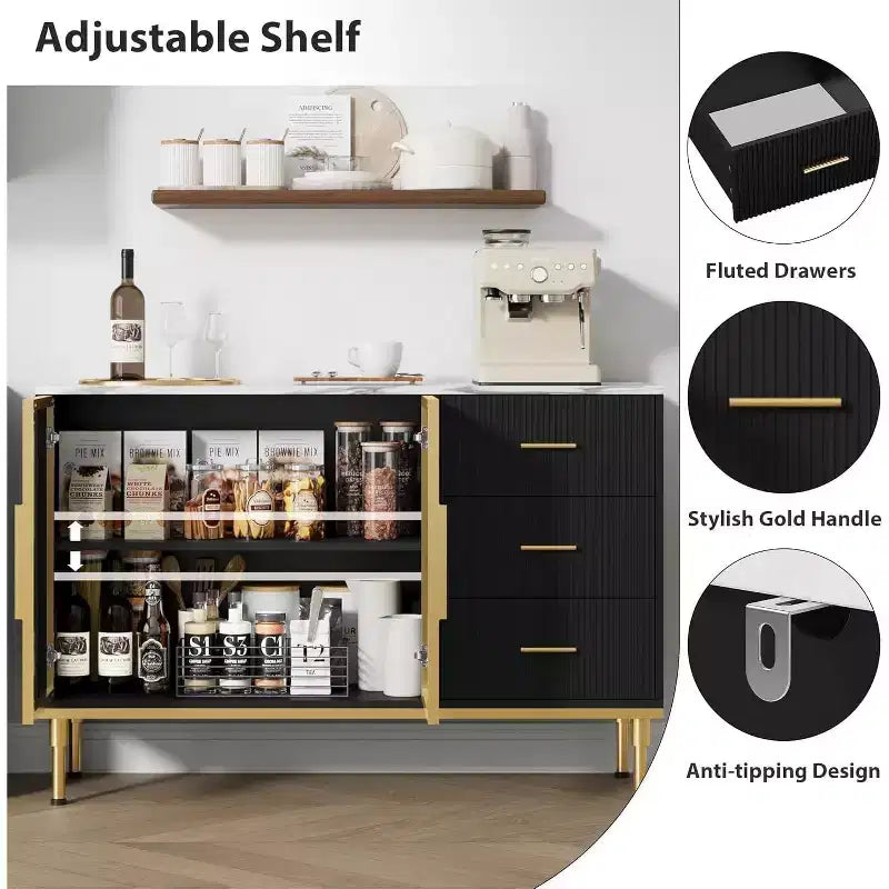 Buffet de salle à manger 46,4 po avec plateau en faux marbre, grand rangement pour la cuisine, doté de 2 portes vitrées, 3 tiroirs, étagères réglables
