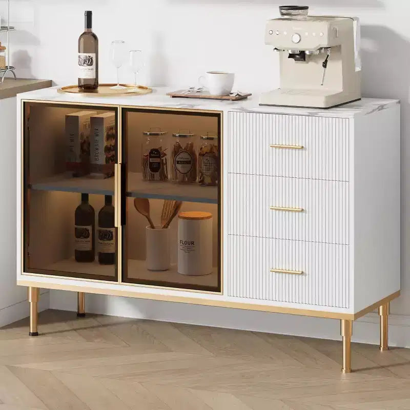 Buffet de salle à manger 46,4 po avec plateau en faux marbre, grand rangement pour la cuisine, doté de 2 portes vitrées, 3 tiroirs, étagères réglables
