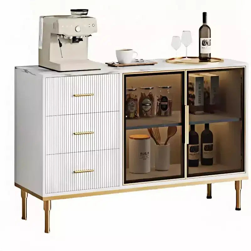 Buffet de salle à manger 46,4 po avec plateau en faux marbre, grand rangement pour la cuisine, doté de 2 portes vitrées, 3 tiroirs, étagères réglables