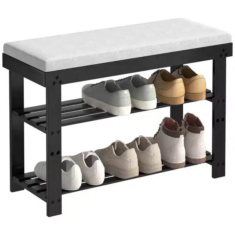 MAYEERTY Étagère à chaussures 3 niveaux, banc à chaussures en bambou pour entrée avec coussin et étagères réglables pour couloir, vestiaire, salon, noir