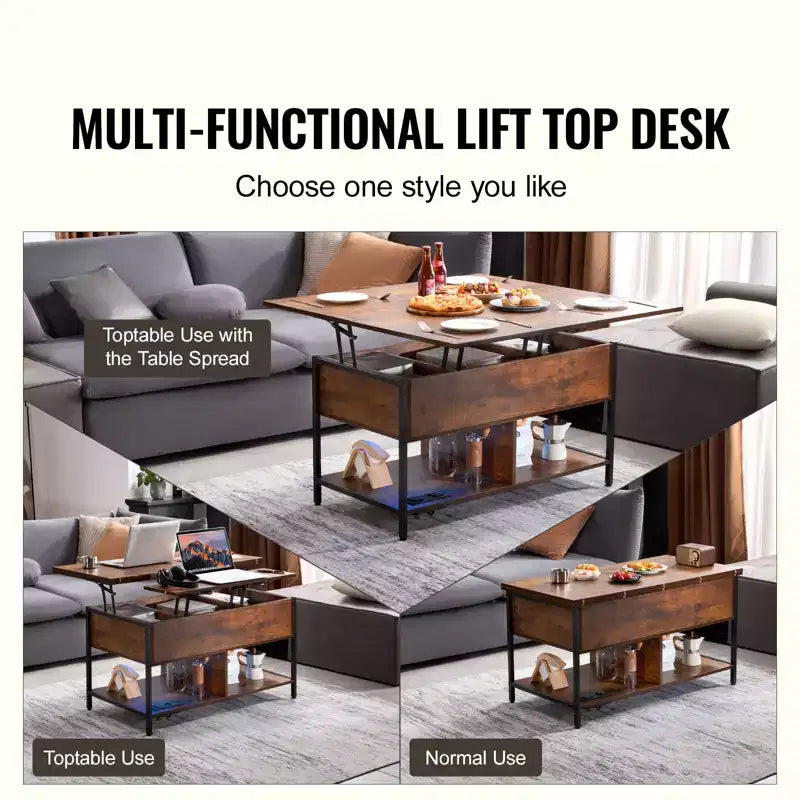 Table basse relevable VEVOR, table basse rectangulaire de 100 cm, table basse relevable avec multiprise, port USB et éclairage d'ambiance pour salon, marron