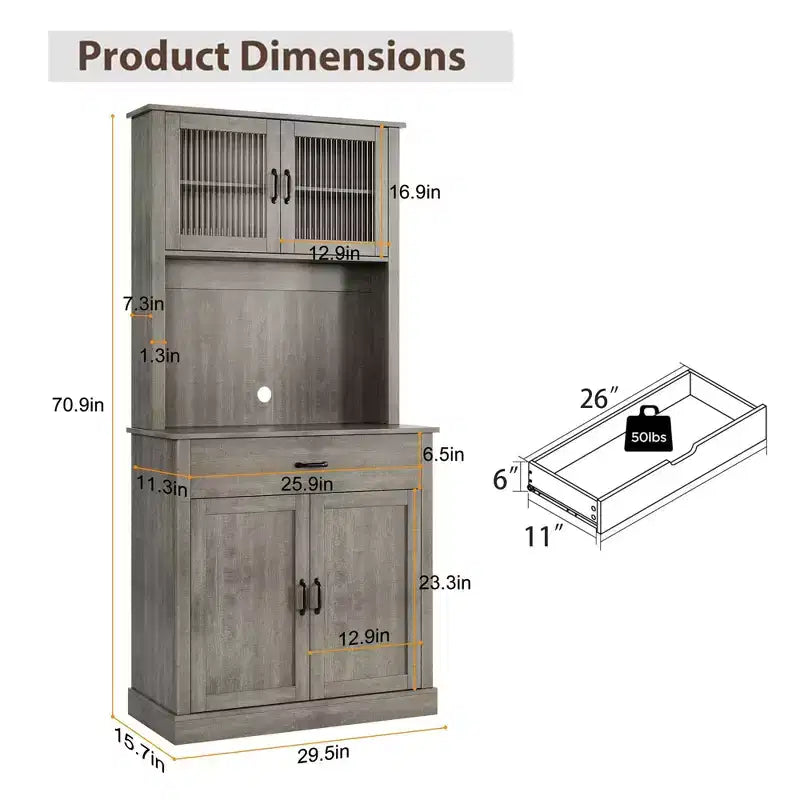 Meuble de rangement de cuisine avec support pour micro-ondes, meuble de cuisine haut autonome de 180 cm avec portes et étagères pour salle à manger