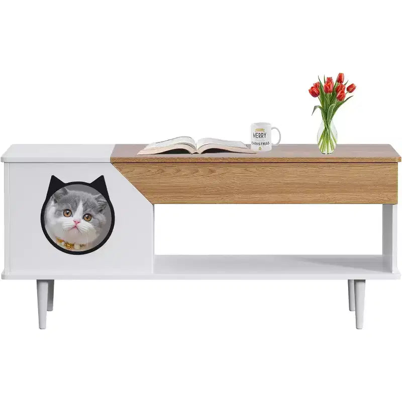 45 Tables Basses de Salon Blanches pour Chat avec Tiroir de Rangement, Table Basse Rustique en Bois avec Maisonnette pour Chat, Meuble Cache Litière pour Chat