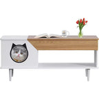45 Tables Basses de Salon Blanches pour Chat avec Tiroir de Rangement, Table Basse Rustique en Bois avec Maisonnette pour Chat, Meuble Cache Litière pour Chat