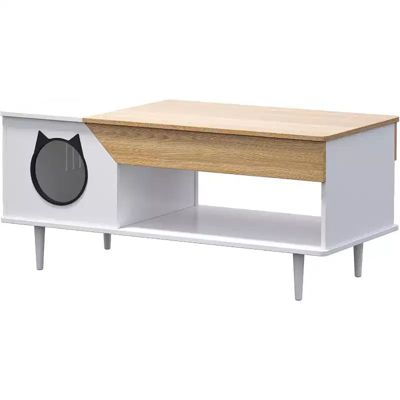 45 Tables Basses de Salon Blanches pour Chat avec Tiroir de Rangement, Table Basse Rustique en Bois avec Maisonnette pour Chat, Meuble Cache Litière pour Chat