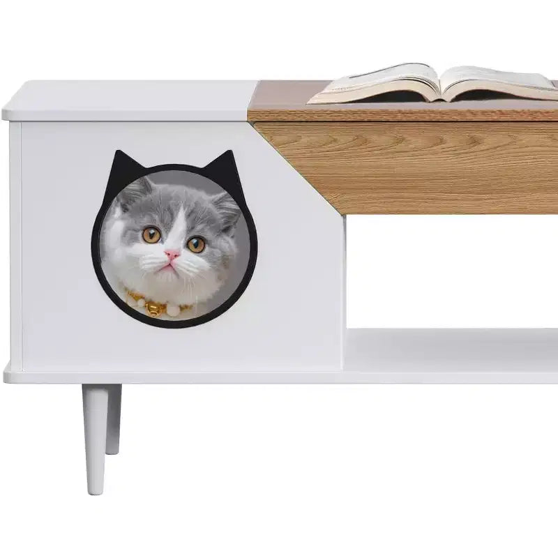 45 Tables Basses de Salon Blanches pour Chat avec Tiroir de Rangement, Table Basse Rustique en Bois avec Maisonnette pour Chat, Meuble Cache Litière pour Chat