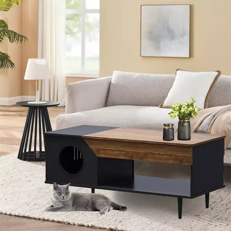 45 Tables Basses de Salon Blanches pour Chat avec Tiroir de Rangement, Table Basse Rustique en Bois avec Maisonnette pour Chat, Meuble Cache Litière pour Chat