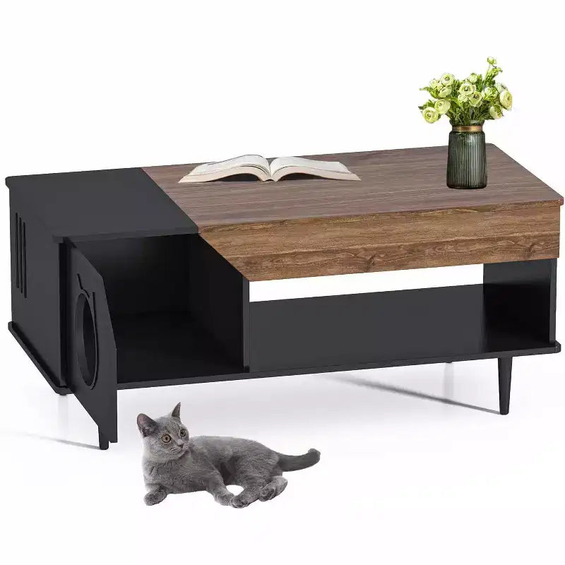 45 Tables Basses de Salon Blanches pour Chat avec Tiroir de Rangement, Table Basse Rustique en Bois avec Maisonnette pour Chat, Meuble Cache Litière pour Chat