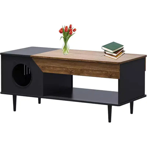 45 White Coffee Table Cat Living Room Tables with Storage Drawer, Wooden Rustic Coffee Table with Cat House, Hidden Kitty Litter Box Furniture