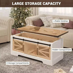 Table basse GustoWave avec plateau relevable, table basse de ferme avec porte coulissante et rangement caché pour salon