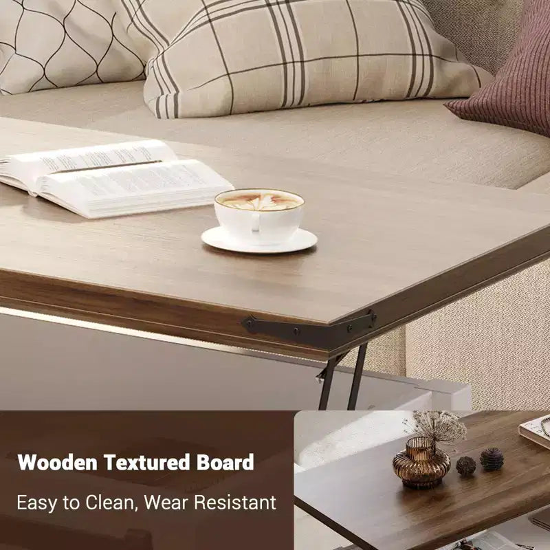 Table basse GustoWave avec plateau relevable, table basse de ferme avec porte coulissante et rangement caché pour salon