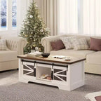 Table basse GustoWave avec plateau relevable, table basse de ferme avec porte coulissante et rangement caché pour salon