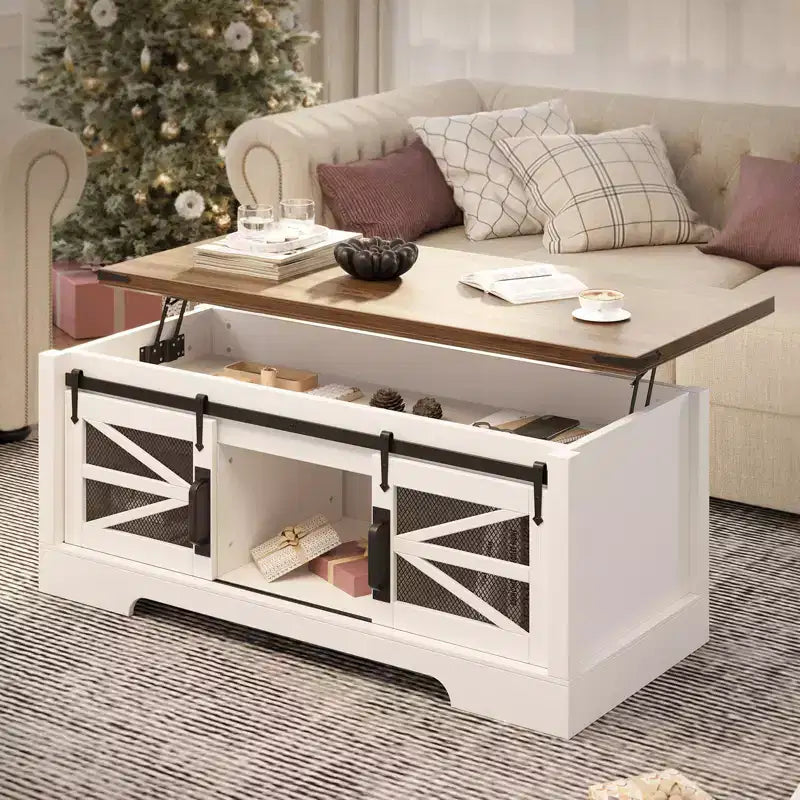 Table basse GustoWave avec plateau relevable, table basse de ferme avec porte coulissante et rangement caché pour salon