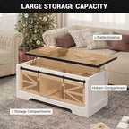 Table basse GustoWave avec plateau relevable, table basse de ferme avec porte coulissante et rangement caché pour salon