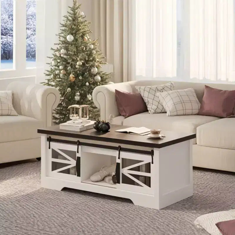 Table basse GustoWave avec plateau relevable, table basse de ferme avec porte coulissante et rangement caché pour salon