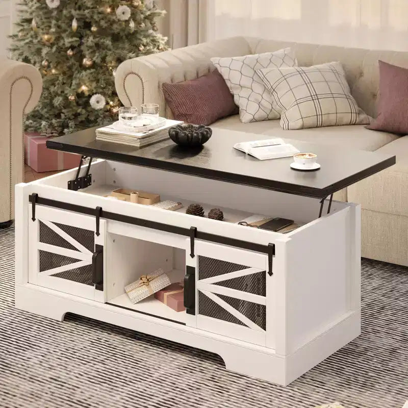 Table basse GustoWave avec plateau relevable, table basse de ferme avec porte coulissante et rangement caché pour salon