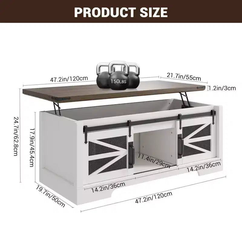 Table basse GustoWave avec plateau relevable, table basse de ferme avec porte coulissante et rangement caché pour salon