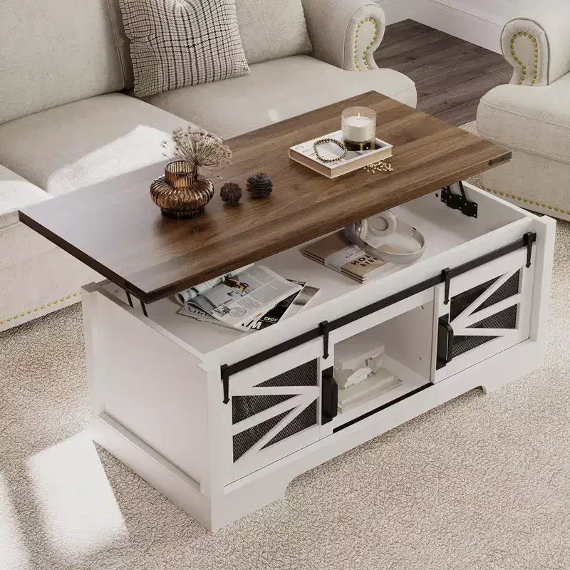 Table basse GustoWave avec plateau relevable, table basse de ferme avec porte coulissante et rangement caché pour salon