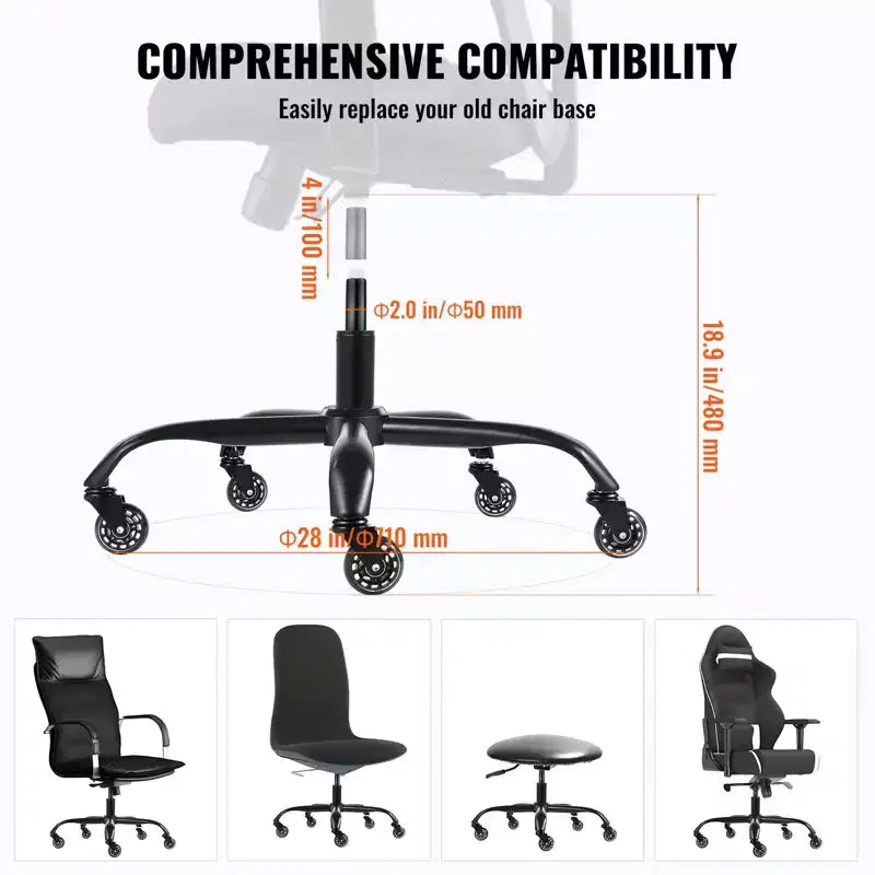 Base de rechange pour chaise de bureau VEVOR, 28", capacité de charge statique de 2500 lb, pièce de base universelle robuste pour chaise de bureau d'ordinateur, noire