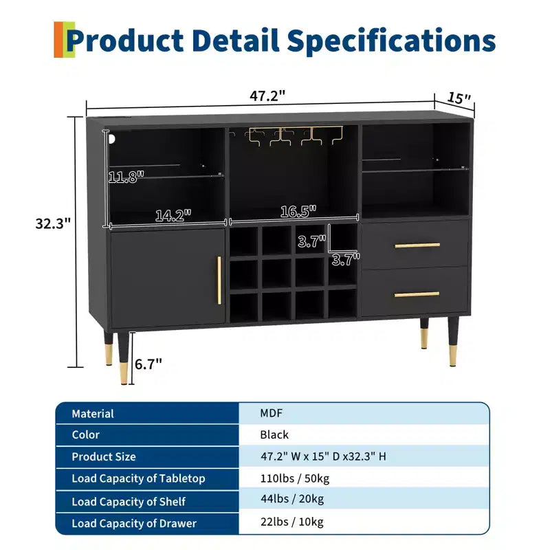 Meuble bar avec lumières LED et station de charge, buffet de cuisine de 120 cm avec tiroirs de rangement, casier à vin et porte
