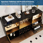 Meuble bar avec lumières LED et station de charge, buffet de cuisine de 120 cm avec tiroirs de rangement, casier à vin et porte