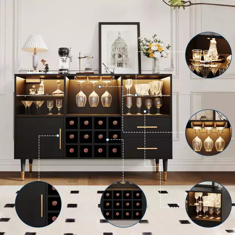 Meuble bar avec lumières LED et station de charge, buffet de cuisine de 120 cm avec tiroirs de rangement, casier à vin et porte