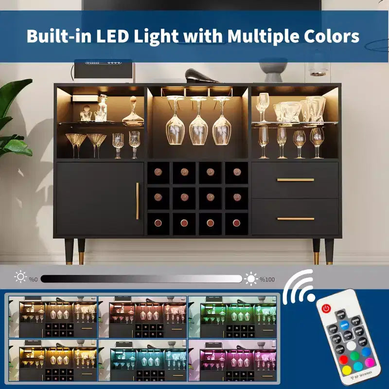 Meuble bar avec lumières LED et station de charge, buffet de cuisine de 120 cm avec tiroirs de rangement, casier à vin et porte