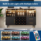 Meuble bar avec lumières LED et station de charge, buffet de cuisine de 120 cm avec tiroirs de rangement, casier à vin et porte