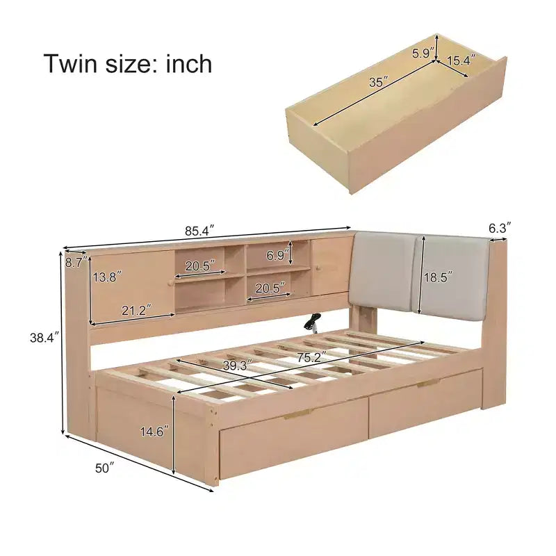 Lit de repos en forme de L en bois Merax avec tête de lit rembourrée avec rangement, ports de chargement USB et bibliothèque de rangement