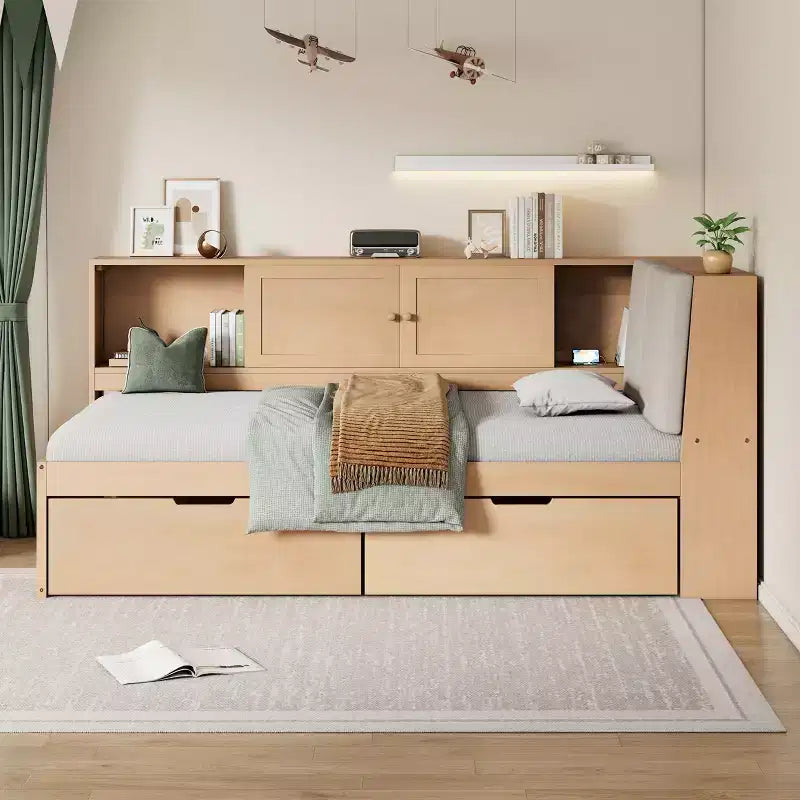Lit de repos en forme de L en bois Merax avec tête de lit rembourrée avec rangement, ports de chargement USB et bibliothèque de rangement