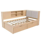 Lit de repos en forme de L en bois Merax avec tête de lit rembourrée avec rangement, ports de chargement USB et bibliothèque de rangement