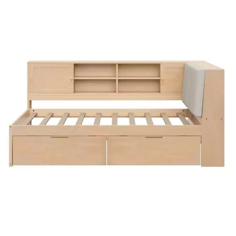 Lit de repos en forme de L en bois Merax avec tête de lit rembourrée avec rangement, ports de chargement USB et bibliothèque de rangement