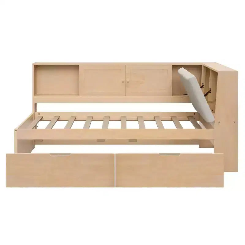 Lit de repos en forme de L en bois Merax avec tête de lit rembourrée avec rangement, ports de chargement USB et bibliothèque de rangement