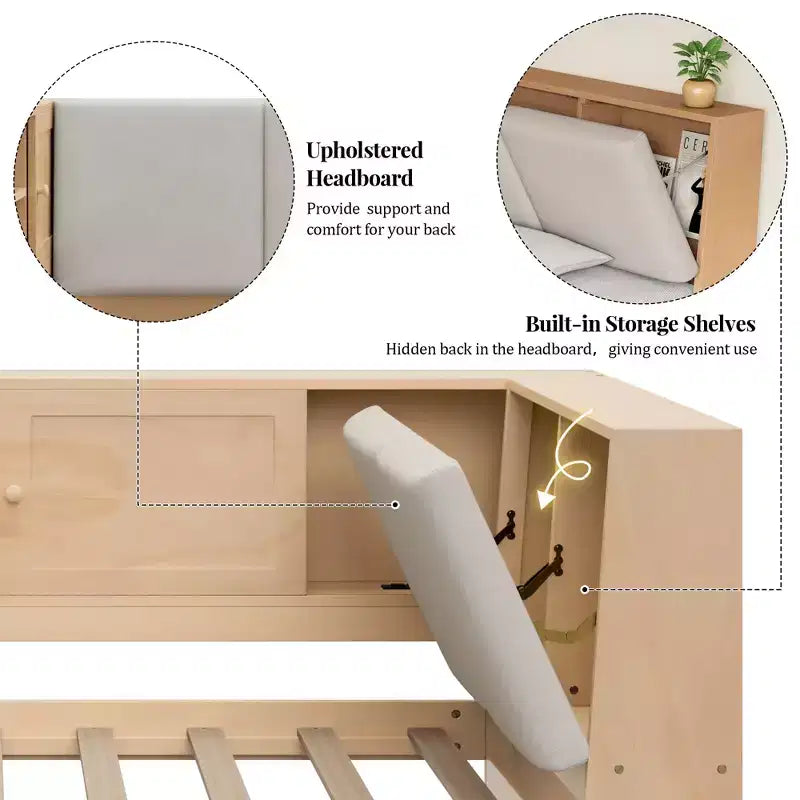 Lit de repos en forme de L en bois Merax avec tête de lit rembourrée avec rangement, ports de chargement USB et bibliothèque de rangement
